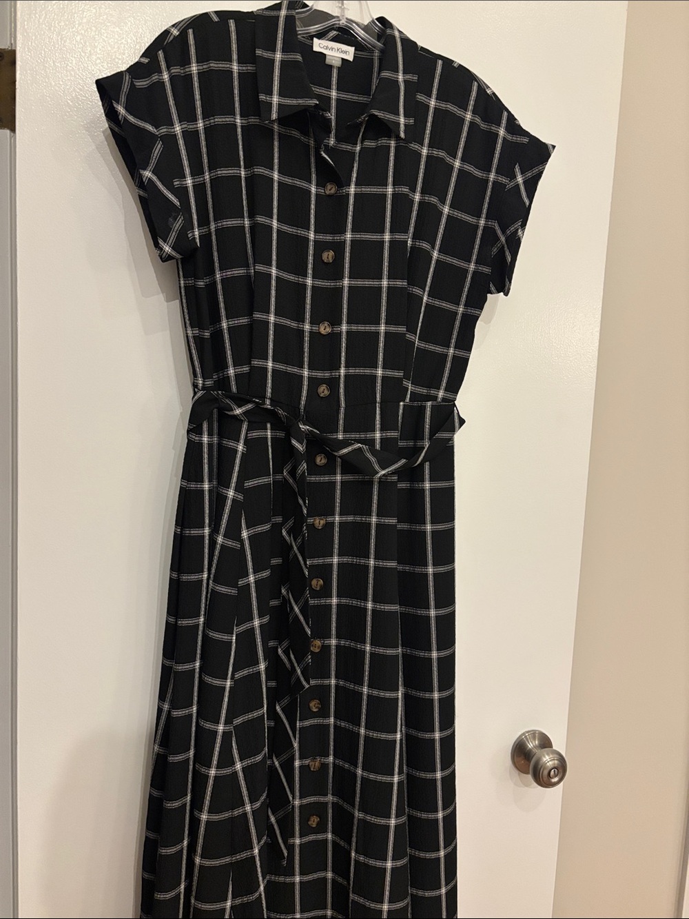 Calvin Klein Black and White Windowpane Maxi Shirt Dress